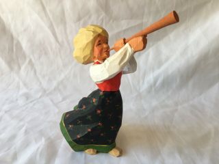 Henning Norway Hand - Carved Wood Figure Woman Blowing Horn Carving Perf Cond 6.  5”