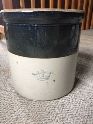 Large Brown & Cream Stoneware Crock With 4 & Crown