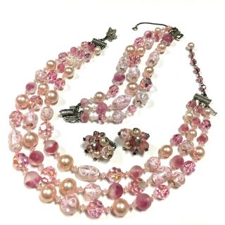 Vtg Vendome Pink Crystal Pearl Glass Beads Necklace Bracelet Earring Set Dd210zo