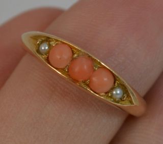 1890 Victorian 18ct Gold Coral And Pearl Boat Stack Band Ring D0298