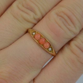 1890 Victorian 18ct Gold Coral and Pearl Boat Stack Band Ring d0298 2
