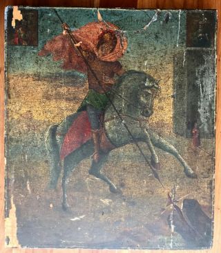 Rare Antique 17th Century Greek Orthodox St George Slaying Dragon Religious Icon