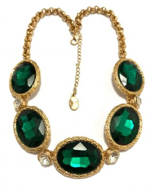 CHRISTIAN DIOR EMERALD GREEN Vintage Glass Rhinestone Couture Statement Necklace 2