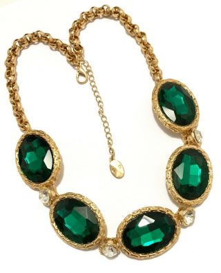 CHRISTIAN DIOR EMERALD GREEN Vintage Glass Rhinestone Couture Statement Necklace 3