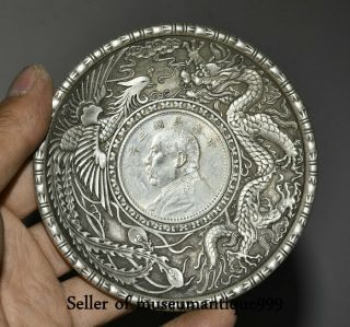 9.  5cm The Republic Of China Silver Dragon Phoenix Yuan Shikai Head Tray Plate