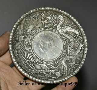 9.  5CM The Republic of China Silver Dragon Phoenix Yuan Shikai Head Tray Plate 2