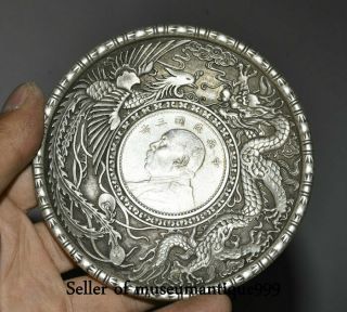 9.  5CM The Republic of China Silver Dragon Phoenix Yuan Shikai Head Tray Plate 3