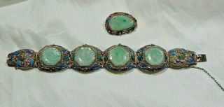Old Asian Silver Filigree Jade Enameled Bracelet & Brooch L@@k Design & Marks