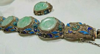 OLD Asian silver filigree Jade Enameled Bracelet & Brooch L@@K design & marks 3