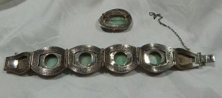 OLD Asian silver filigree Jade Enameled Bracelet & Brooch L@@K design & marks 4
