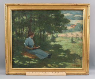 Antique G.  R Havelk American Impressionist Landscape Oil Painting Woman Reading
