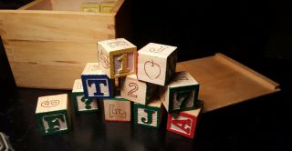 64 Vintage Wooden Baby Blocks In Wood Box Abc Numbers Pictures