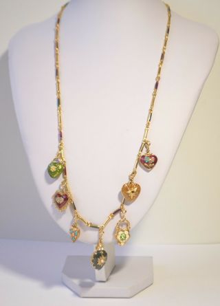 Vintage Joan Rivers Multi Color Enamel Gold Plated Heart Flower Charm Necklace
