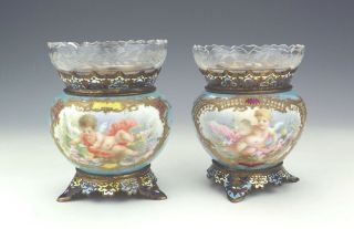 Antique French Champleve Enamel & Porcelain Cherub Panelled Vases