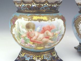 Antique French Champleve Enamel & Porcelain Cherub Panelled Vases 2