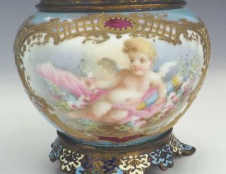 Antique French Champleve Enamel & Porcelain Cherub Panelled Vases 3