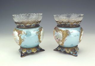 Antique French Champleve Enamel & Porcelain Cherub Panelled Vases 4