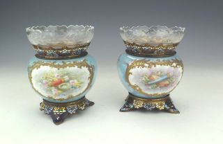 Antique French Champleve Enamel & Porcelain Cherub Panelled Vases 5