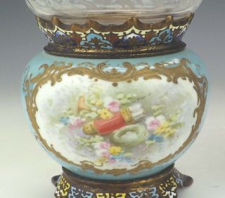 Antique French Champleve Enamel & Porcelain Cherub Panelled Vases 6
