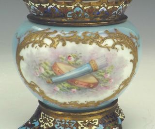 Antique French Champleve Enamel & Porcelain Cherub Panelled Vases 7