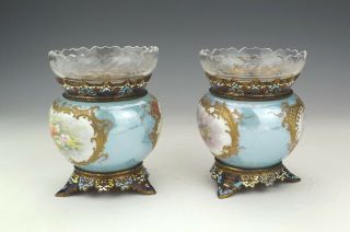 Antique French Champleve Enamel & Porcelain Cherub Panelled Vases 8
