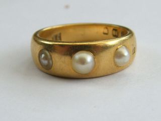 Antique - Victorian 18ct Gold Three Pearl Set Chunky Heavy Ring - London - C1877