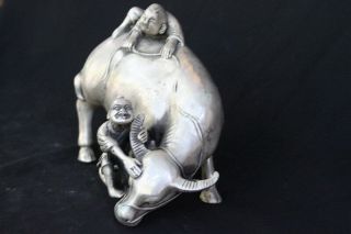 Tibet Old Collectable Exorcism Art Miao Silver Carve Children Ride Cattle Statue 2