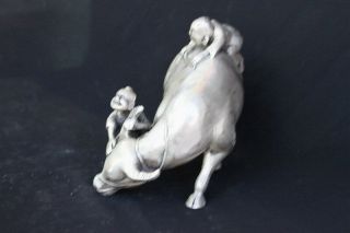 Tibet Old Collectable Exorcism Art Miao Silver Carve Children Ride Cattle Statue 3