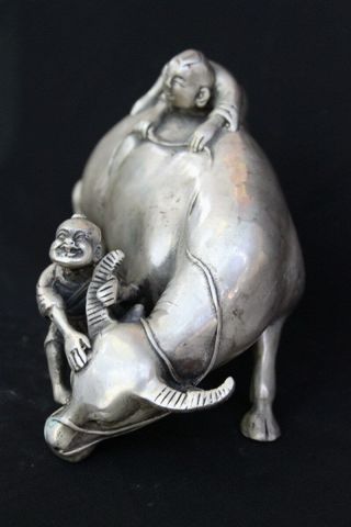 Tibet Old Collectable Exorcism Art Miao Silver Carve Children Ride Cattle Statue 4