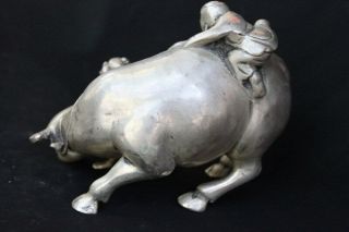 Tibet Old Collectable Exorcism Art Miao Silver Carve Children Ride Cattle Statue 5