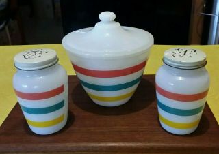 Vintage Fire King Colonial Stripe Grease Jar,  Salt And Pepper Shakers.