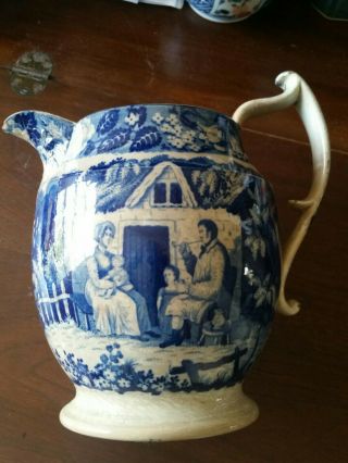 Very Old Antique Blue & White Porcelain Pitcher.  Wrap Around Scenes.