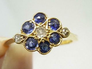 Antique Edwardian 18ct Gold Old Cut Diamond Natural Blue Sapphire Daisy Ring M