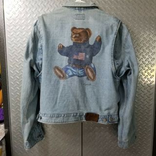 L@@k Vintage Ralph Lauren Polo Bear Denim Jacket Med American Flag Sitting