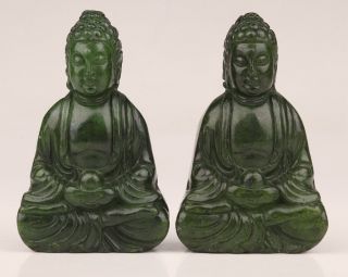 Christmas Gift 2 Buddhist Chinese Green Jade Pendant Statue Old Sitting Buddha