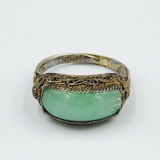 Vintage Chinese Export Silver Filigree With Gold Wash Jade Adjustable Ring