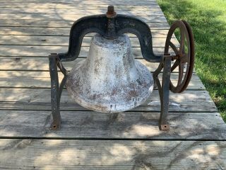 Huge Vintage Antique Cast Iron School Farm Church Bell 4 Yoke With Wheel