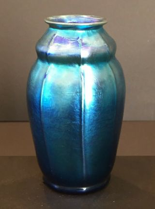 Antique Signed L.  C.  T.  Tiffany Studios Favrile Art Glass Vase Ribbed Blue