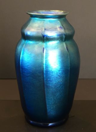 ANTIQUE SIGNED L.  C.  T.  TIFFANY STUDIOS FAVRILE ART GLASS VASE RIBBED BLUE 2