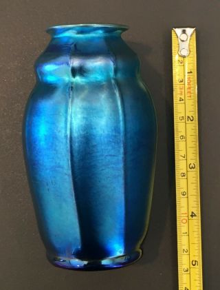 ANTIQUE SIGNED L.  C.  T.  TIFFANY STUDIOS FAVRILE ART GLASS VASE RIBBED BLUE 5