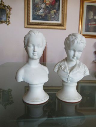 Pair Vtg Antique Parian Ware White Bisque Boy Girl Bust Figures - Made In Italy