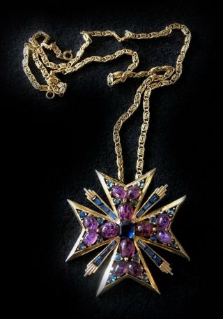 Boucher Maltese Cross Brooch - Pendant Necklace W Blue Keystones,  Purple Cabochons