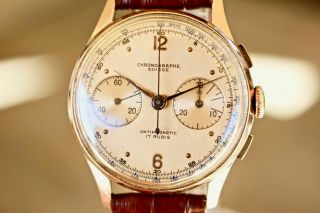 STUNNING SOLID 18K ROSE GOLD VINTAGE CHRONOGRAPHE SUISSE - LANDERON 3