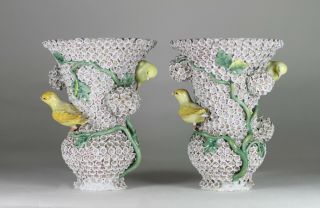 Antique Meissen 19th Century Schneeballen Snowball & Bird Vase Pair Af