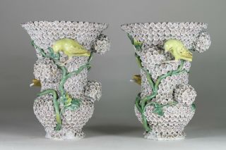 Antique Meissen 19th Century Schneeballen Snowball & Bird Vase Pair AF 2