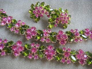 Vintage Crown Trifari Parure Green & Pink Rhinestone Necklace,  Bracelet,  Earrings