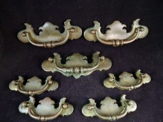 Set Of 7 Antique Brass Batwing Drawer Pulls Handles - O1