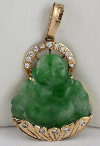 Vintage 18k Yellow Gold Green Jade Diamond Buddha Pendant 4.  3 Grams