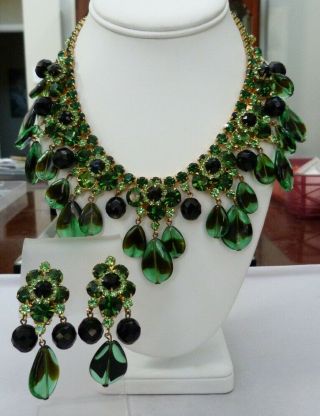 Vintage Juliana Green Black Glass Dangle Rhinestone Necklace Earrings Book Set
