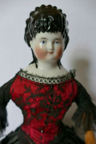 Fabulous Antique China Head Doll Long Curls Down Neck,  Wispy Bangs Leather Boots